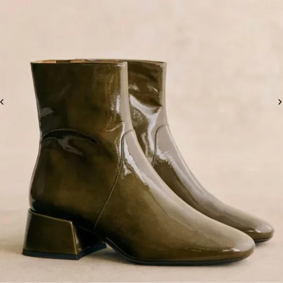 Sezane Shoes Szane Paulette Low Boots In Khaki Patent Poshmark